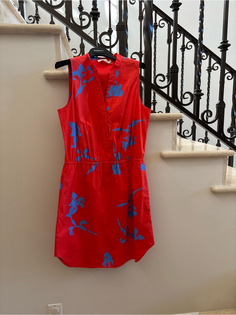 Tory Burch Red Sleeveless Mini Dress with Blue Floral Motif